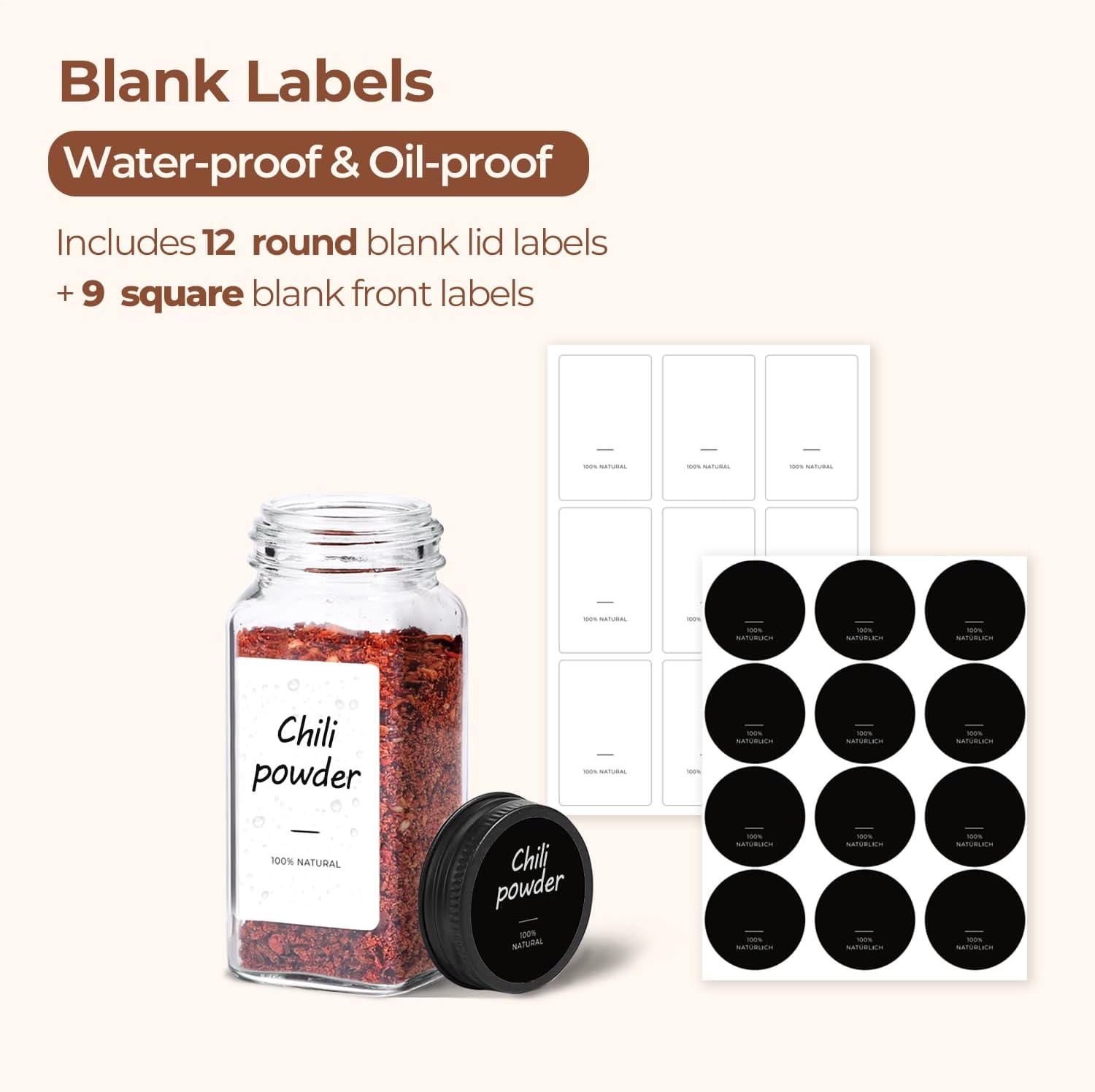 ComSaf Gewürzgläser Eckig Schwarz Klein 120ml 6er Set mit Streueinsatz, Gewürzstreuer mit 21 Etiketten, Gewürzdosen, Gewürzbehälter mit Pfeffermühle