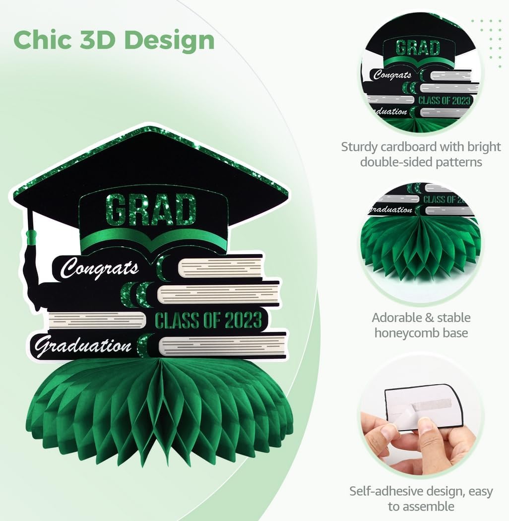 Abschluss-Party-Dekorationen, 2023 schwarz und grün, 9 Stück Congrats Grad Waben-Mittelaufsätze, Klasse 2023, Abschluss-Partyzubehör, Tischaufsätze, Abschlussfeier