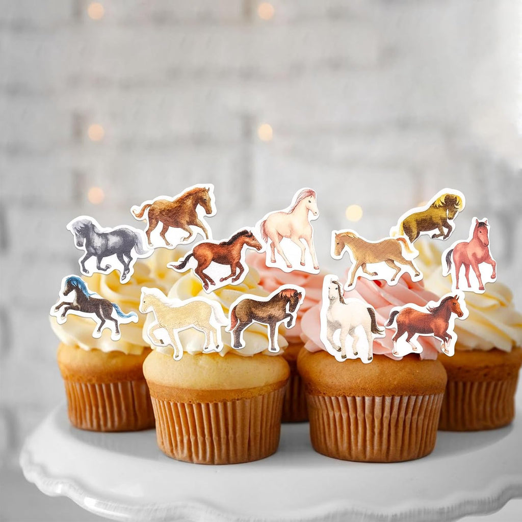 48 Stück Essbare Tortendeko Pferd,Kuchen Deko Essbar,Esspapier Pferd Tortendeko,Essbare Pferderennen Cupcake Topper,Pferderennen Muffin Deko Essbar für Geburtstag,Babyparty
