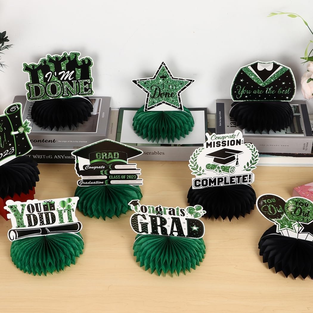 Abschluss-Party-Dekorationen, 2023 schwarz und grün, 9 Stück Congrats Grad Waben-Mittelaufsätze, Klasse 2023, Abschluss-Partyzubehör, Tischaufsätze, Abschlussfeier