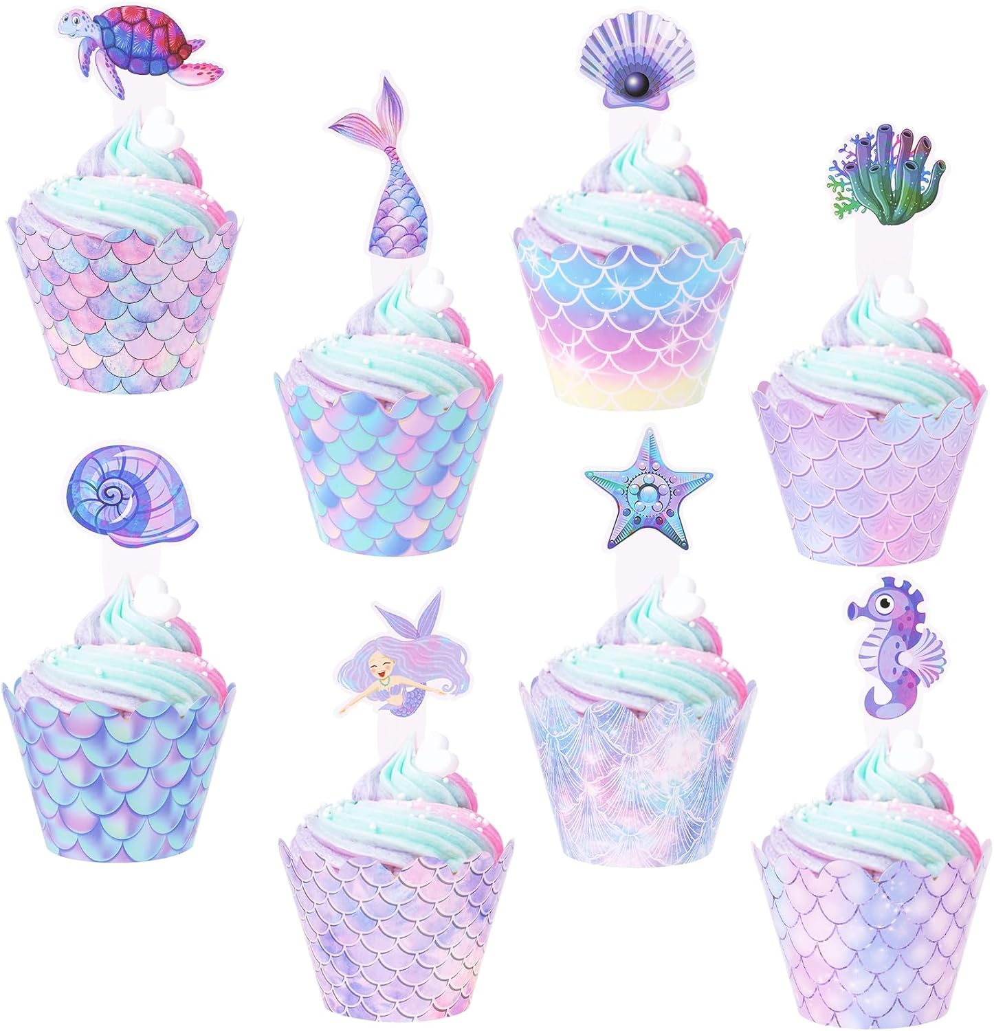 Meerjungfrau Tortendeko,48 Stück Mermaid Cake Toppers Kuchen Deko Kinder Frauen Geburtstag Deko für Cupcake Toppers Wrappers Meerjungfrau Thema Party Dekoration