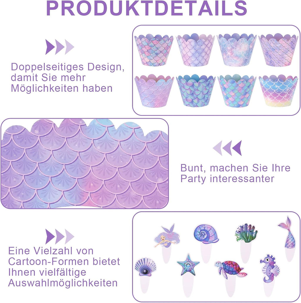 Meerjungfrau Tortendeko,48 Stück Mermaid Cake Toppers Kuchen Deko Kinder Frauen Geburtstag Deko für Cupcake Toppers Wrappers Meerjungfrau Thema Party Dekoration