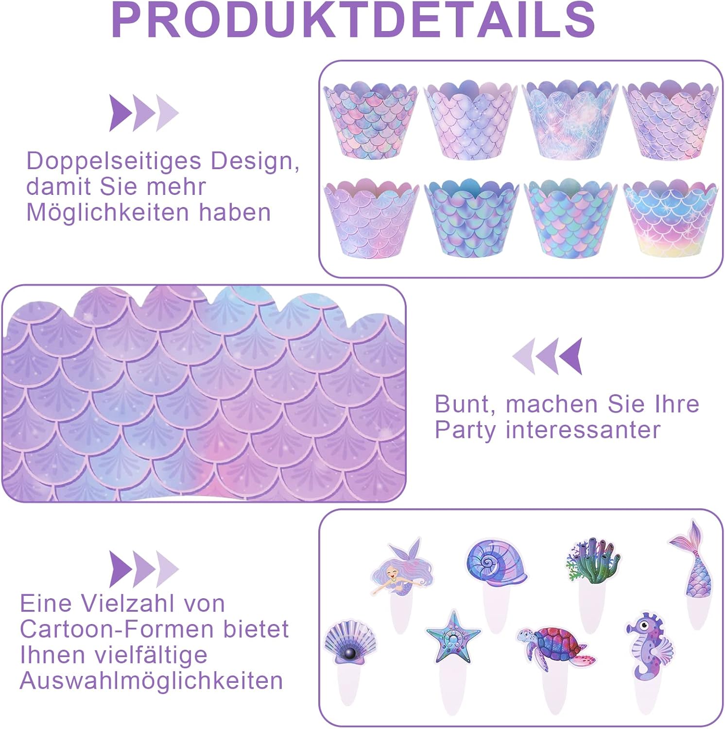 Meerjungfrau Tortendeko,48 Stück Mermaid Cake Toppers Kuchen Deko Kinder Frauen Geburtstag Deko für Cupcake Toppers Wrappers Meerjungfrau Thema Party Dekoration