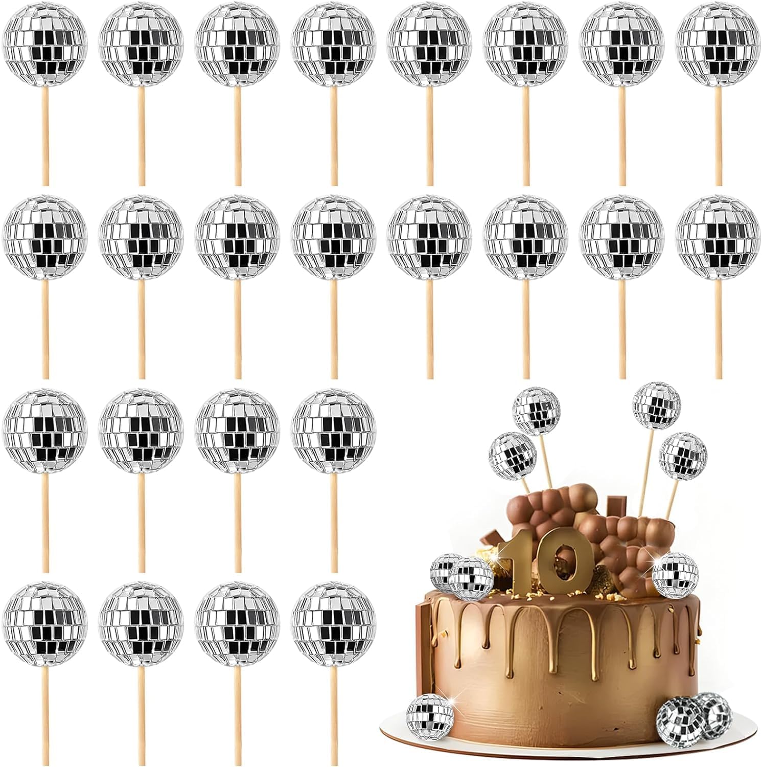 24 Stück Discokugel Kuchen Toppers, 1970S Disco Tortendeko, Disco Balls Cake Toppers für Geburtstags, Disko Themenparty