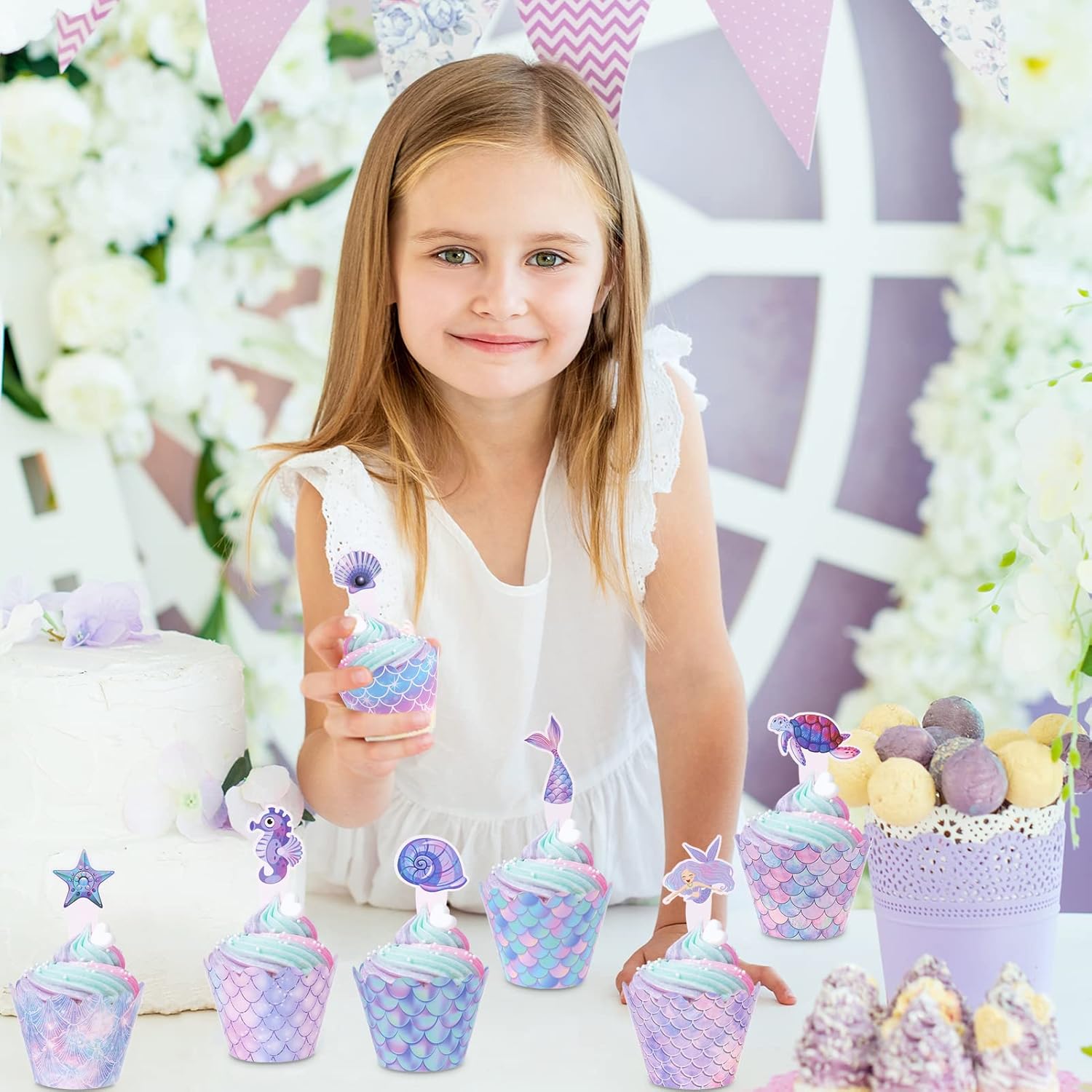 Meerjungfrau Tortendeko,48 Stück Mermaid Cake Toppers Kuchen Deko Kinder Frauen Geburtstag Deko für Cupcake Toppers Wrappers Meerjungfrau Thema Party Dekoration