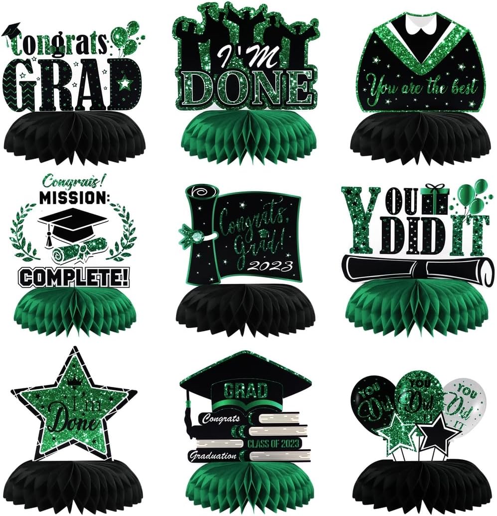 Abschluss-Party-Dekorationen, 2023 schwarz und grün, 9 Stück Congrats Grad Waben-Mittelaufsätze, Klasse 2023, Abschluss-Partyzubehör, Tischaufsätze, Abschlussfeier