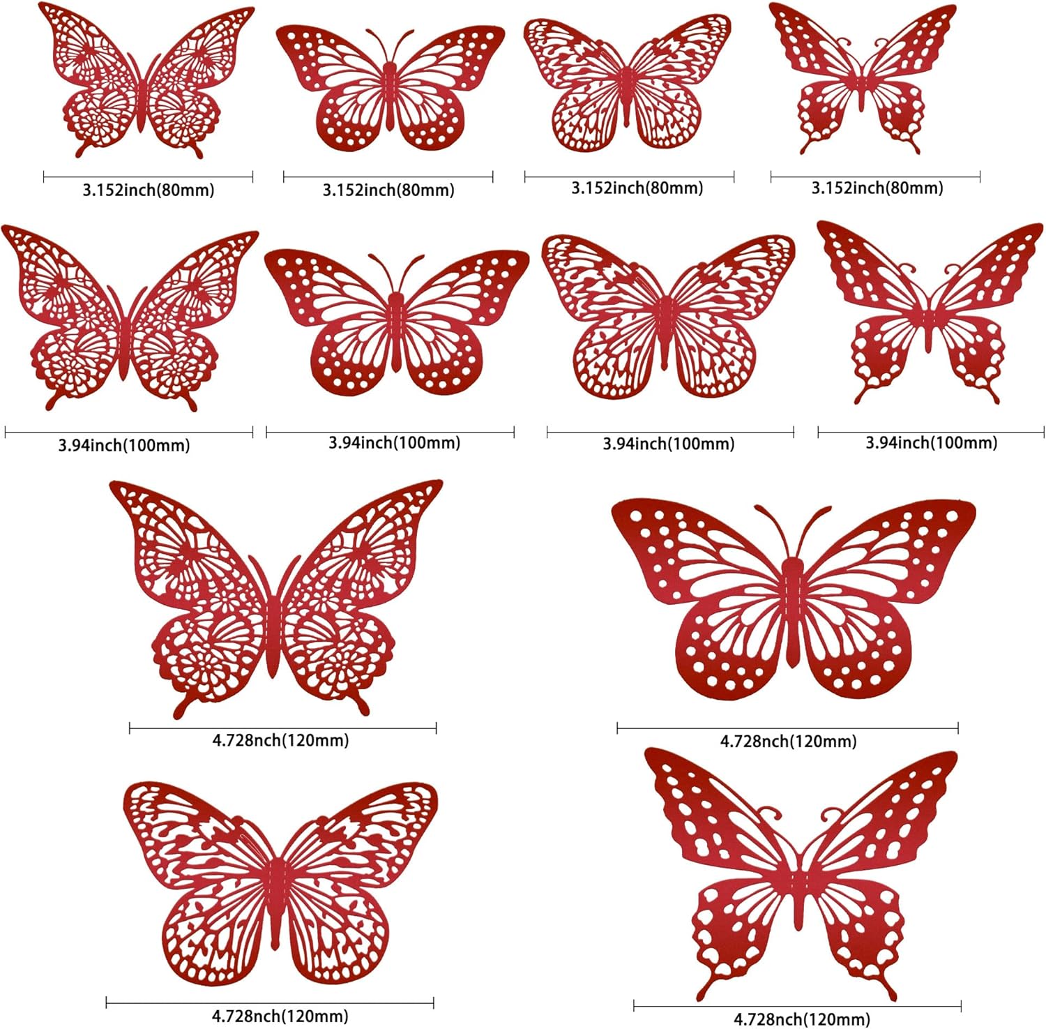 Cupcake-Topper in Schmetterlingsform, 48 Stück, Rot, verschiedene Größen, hohl, Kunst, Schmetterlings-Kuchenaufsatz, Dekorationen für Babyparty, Hochzeit, Jahrestag, Kindergeburtstag
