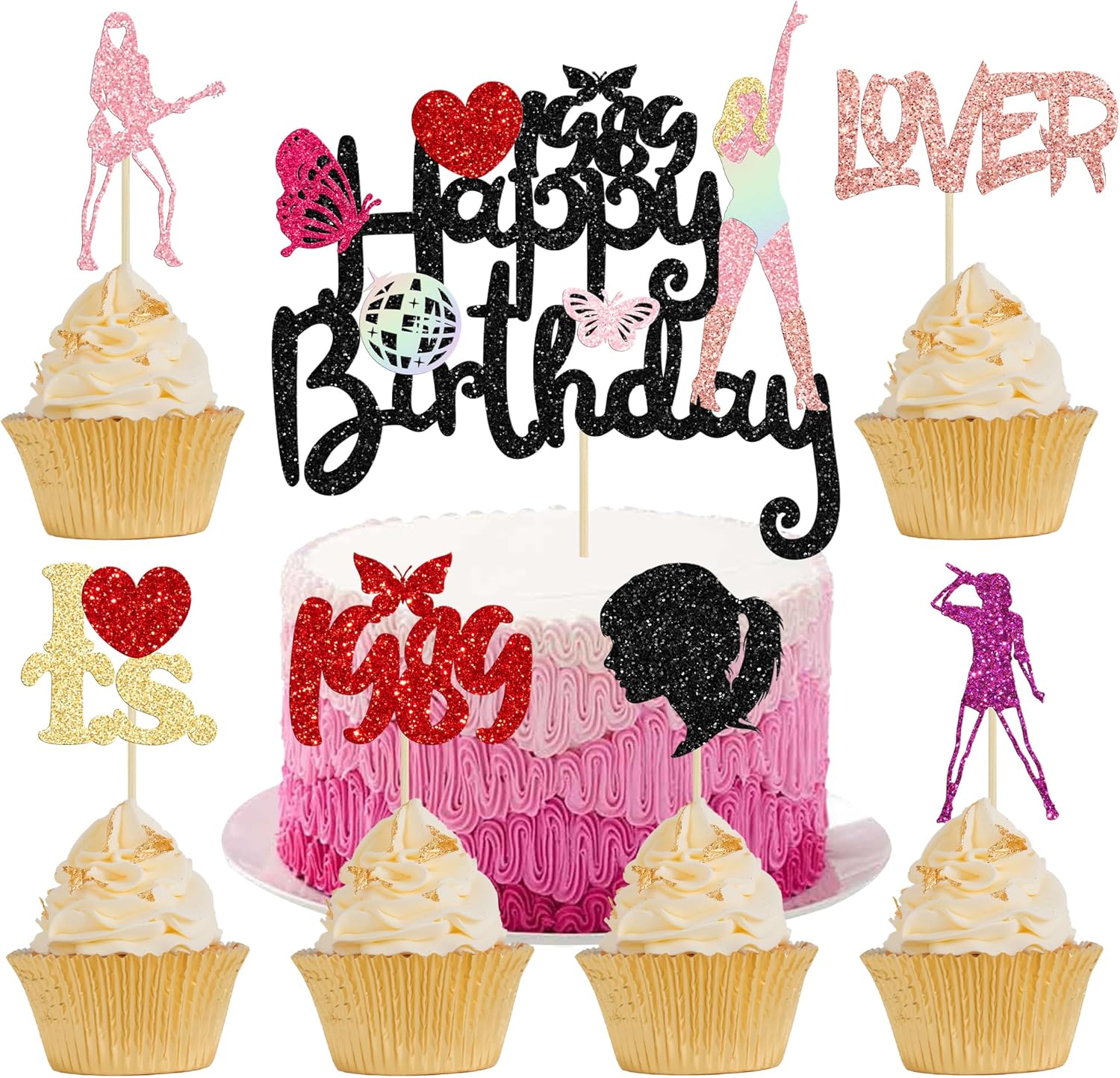 Cupcake-Topper mit Musik-Sängermotiv, glitzernd, "Happy Birthday", seit 1989, beliebte Sänger-Cupcake-Picks für Liebhaber, Konzert, Geburtstagsparty, Zubehör, 25 Stück