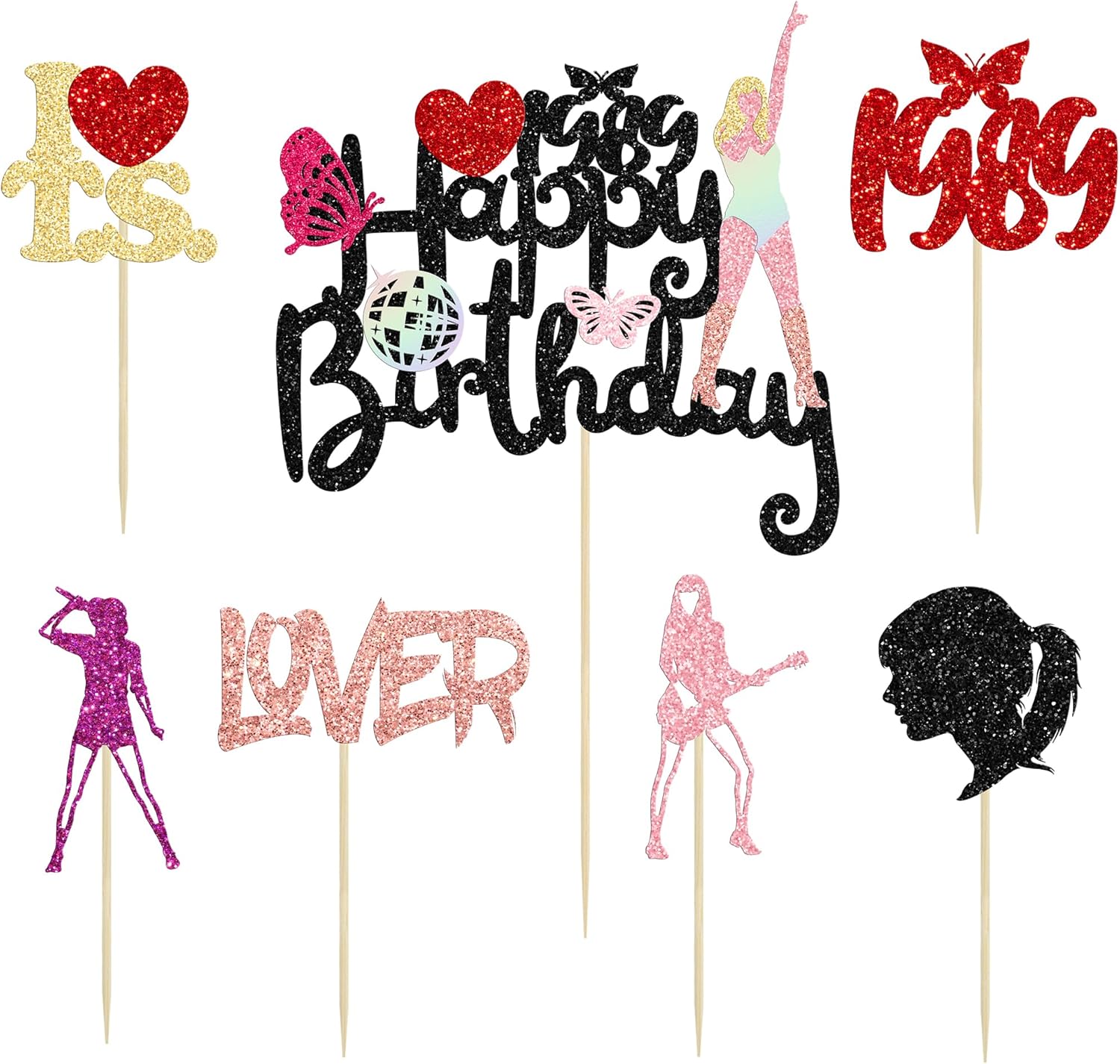 Cupcake-Topper mit Musik-Sängermotiv, glitzernd, "Happy Birthday", seit 1989, beliebte Sänger-Cupcake-Picks für Liebhaber, Konzert, Geburtstagsparty, Zubehör, 25 Stück