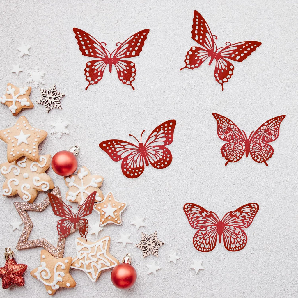 Cupcake-Topper in Schmetterlingsform, 48 Stück, Rot, verschiedene Größen, hohl, Kunst, Schmetterlings-Kuchenaufsatz, Dekorationen für Babyparty, Hochzeit, Jahrestag, Kindergeburtstag